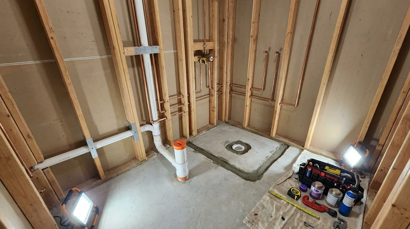 Bathroom rough-in plumbing during remodel by Johns Plumbing LLC in Sauk Rapids