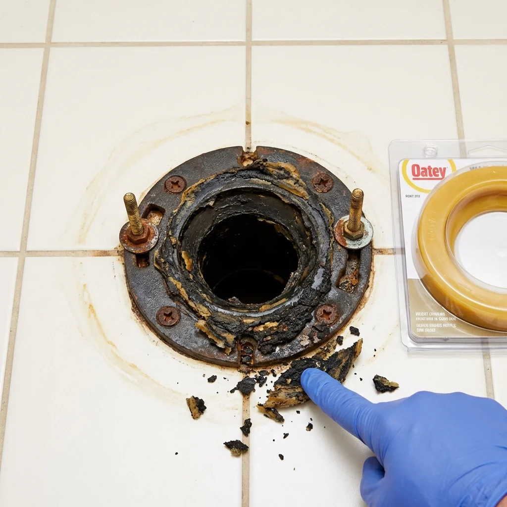 Failed wax ring showing water seepage at the base of a toilet in a Sauk Rapids, MN home