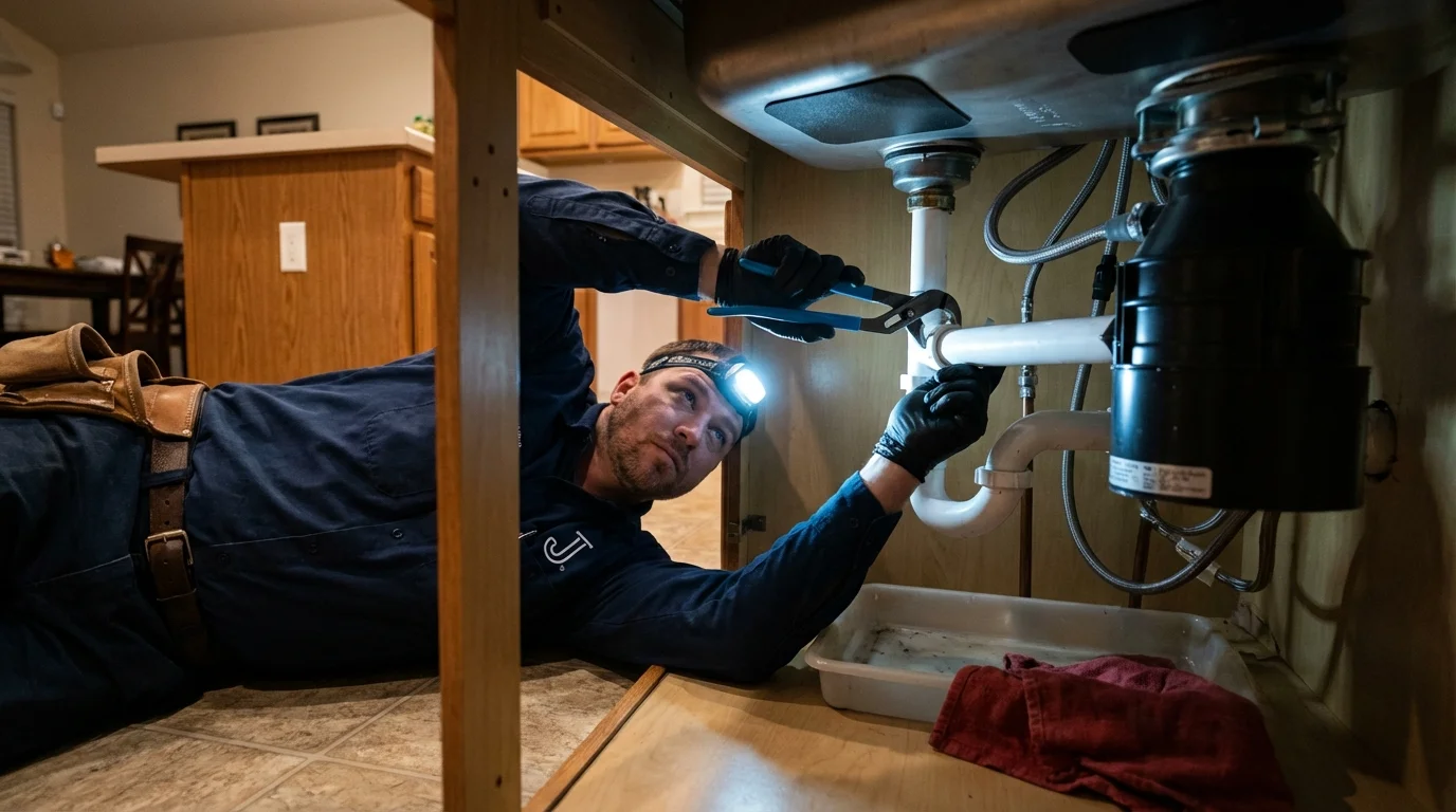 P-trap and supply line connections under a kitchen sink showing a common leak point in Sauk Rapids, MN